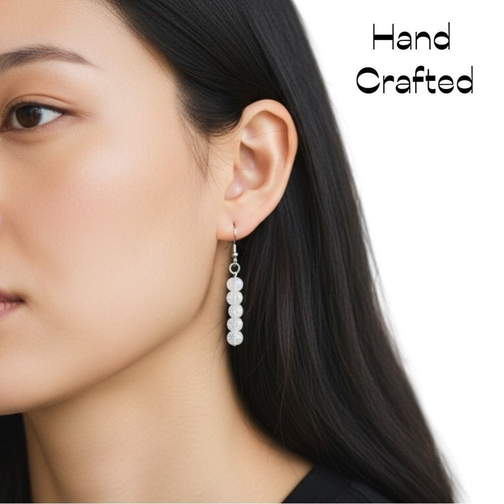 HandCrafted White Glass Beaded Silver Earrings NWT